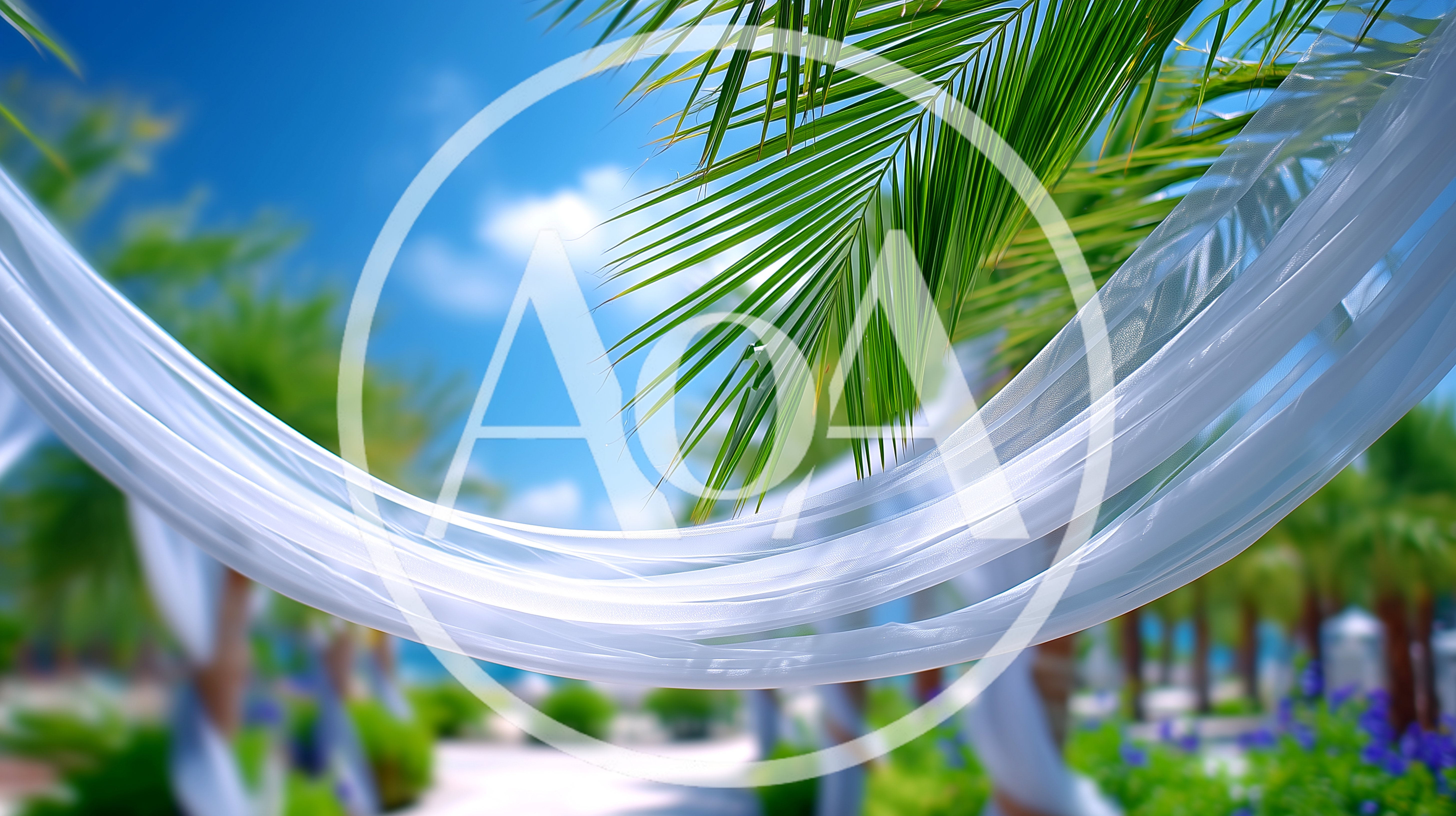 White Wedding Drapes Swaying Under Tropical Palm Trees