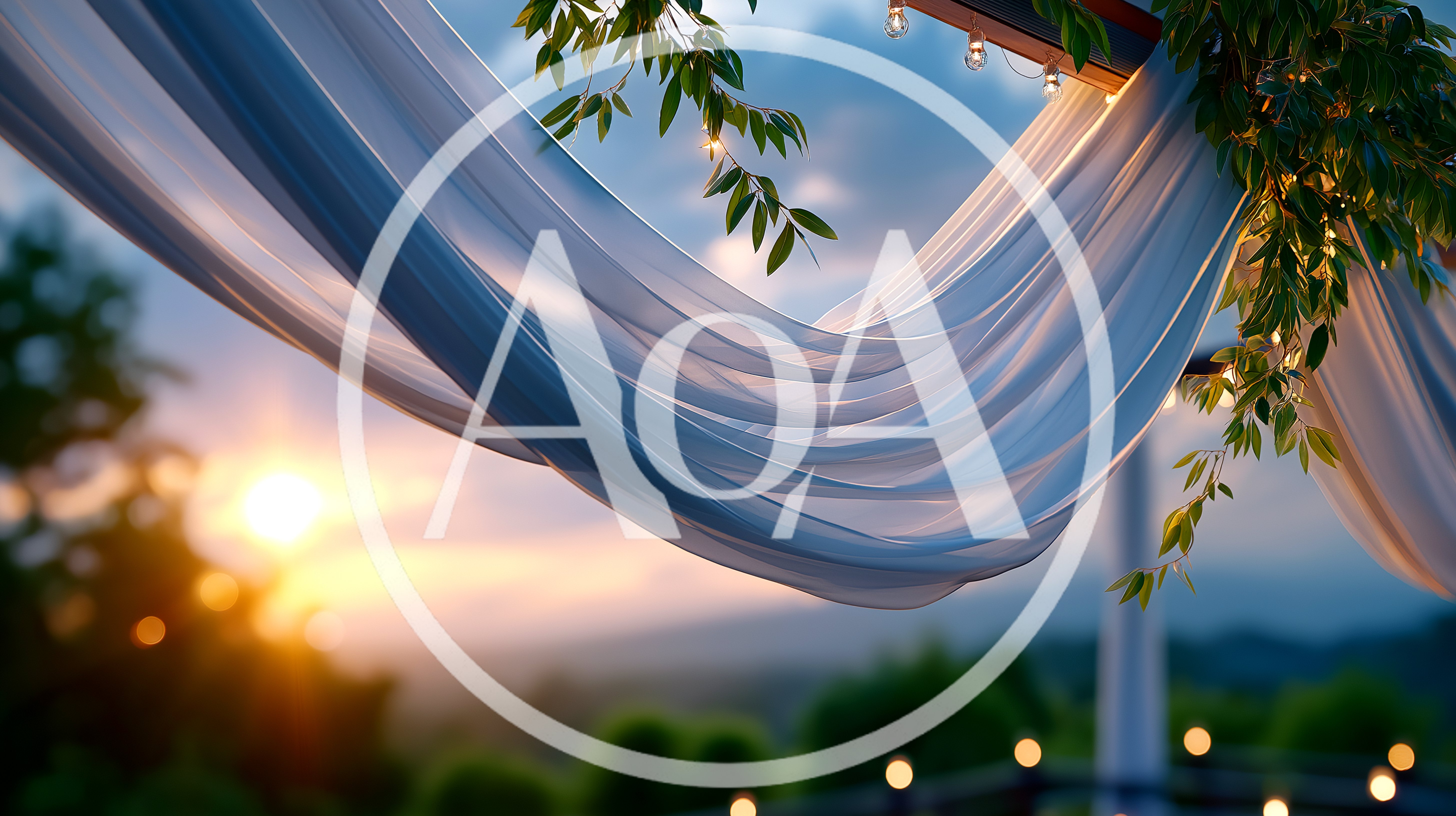 Wedding Arch Draped With White Fabric At Sunset