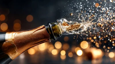 Champagne Bottle Opening With Sparkling Liquid Spray
