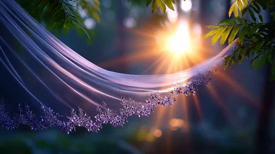 Elegant Wedding Veil Draped Against Golden Sunset Forest