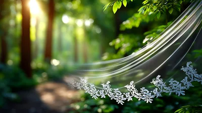 Elegant Bridal Veil Floating In A Sunlit Forest