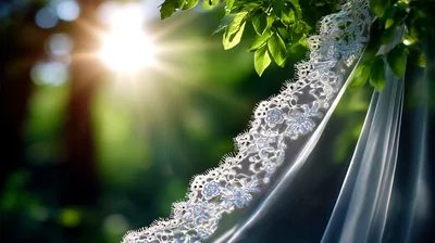 White Lace Wedding Veil Hanging From Tree Branch
