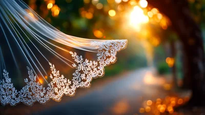 Elegant Lace Wedding Veil Floating In Golden Hour Light