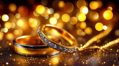 Two Elegant Gold Wedding Rings With Sparkling Diamonds