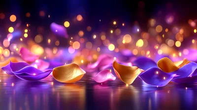 Floating Purple And Gold Petals With Bokeh Lights