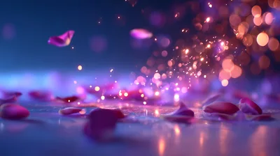 Pink Rose Petals Falling With Glowing Bokeh Particles