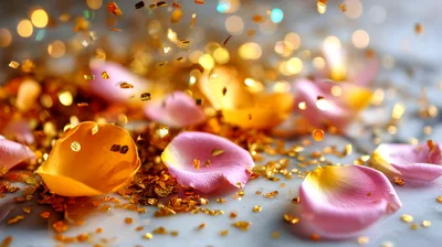Pink Rose Petals And Falling Gold Glitter