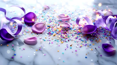 Purple Petals And Glitter On Marble Surface