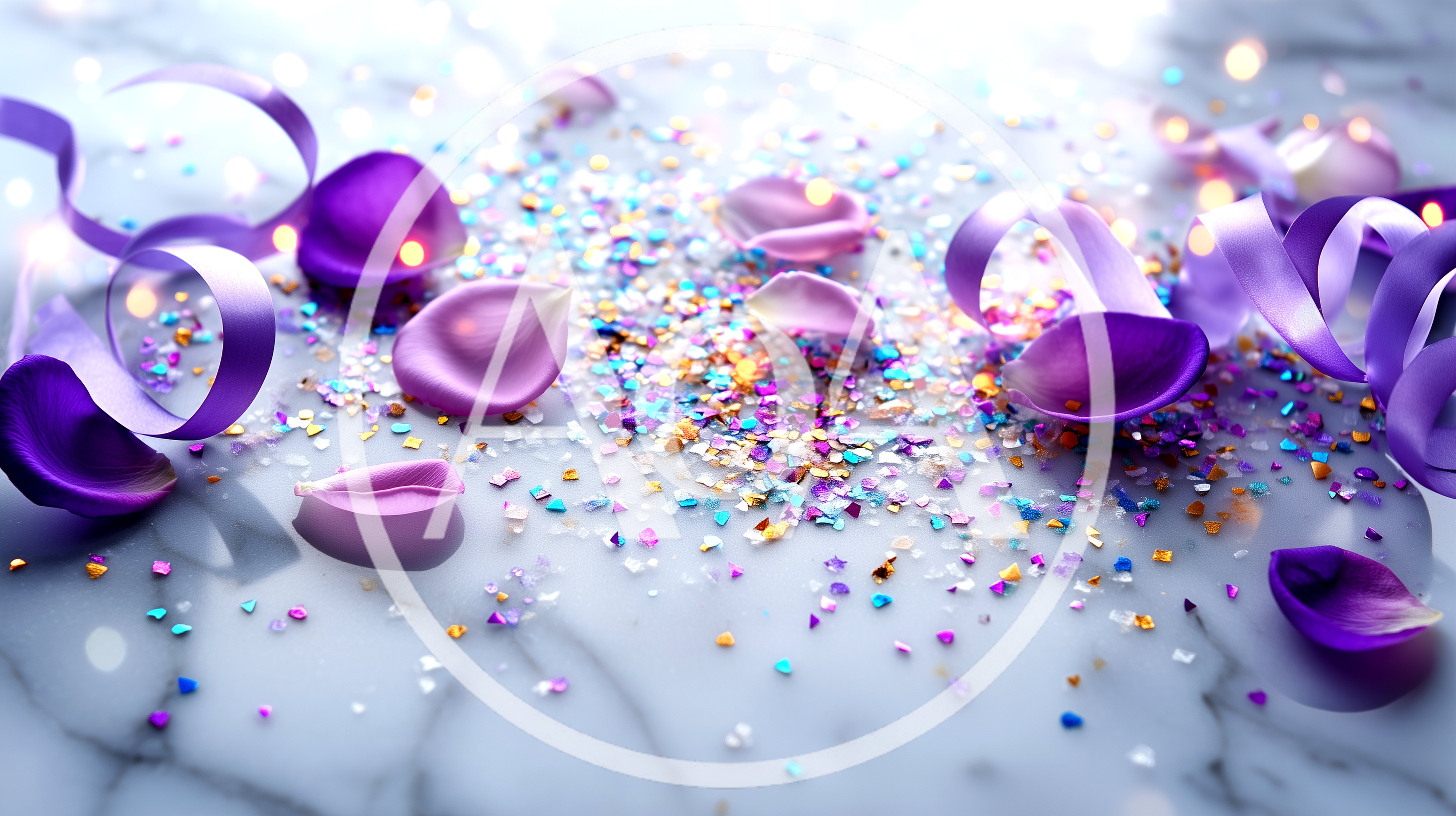 Purple Petals And Glitter On Marble Surface