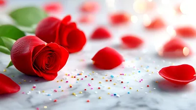 Two Red Roses With Scattered Petals And Confetti