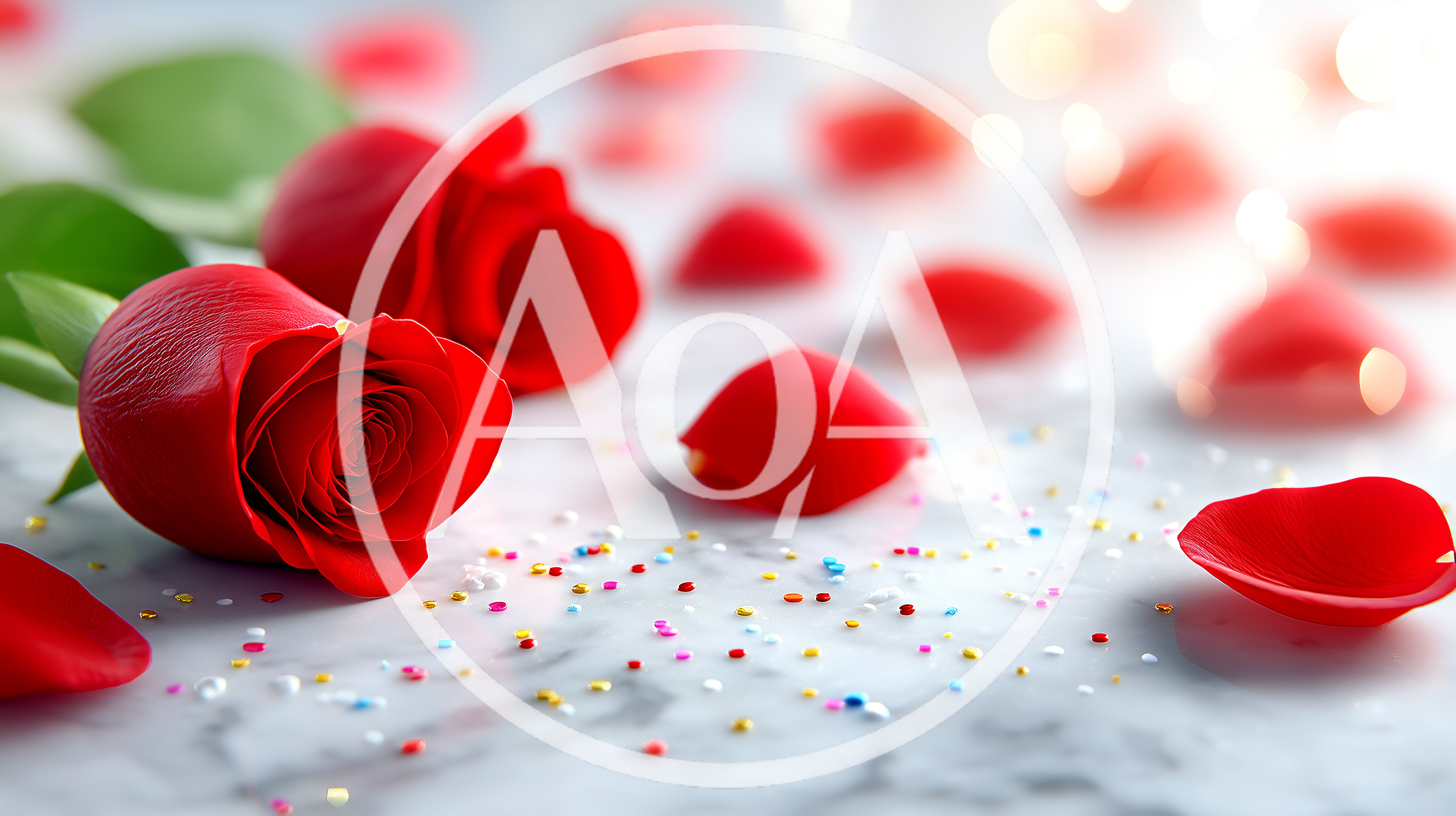 Two Red Roses With Scattered Petals And Confetti