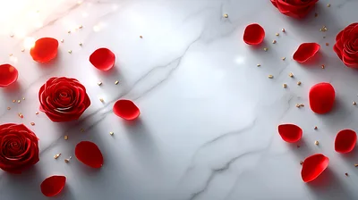 Red Rose Flowers And Petals On Marble Background