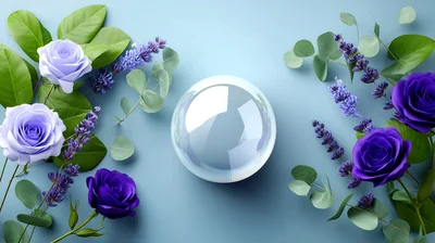 Crystal Sphere Surrounded By Purple Roses And Lavender