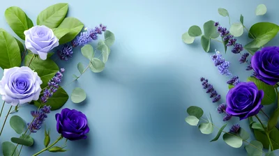 Purple Roses and Lavender Sprigs on Blue Background