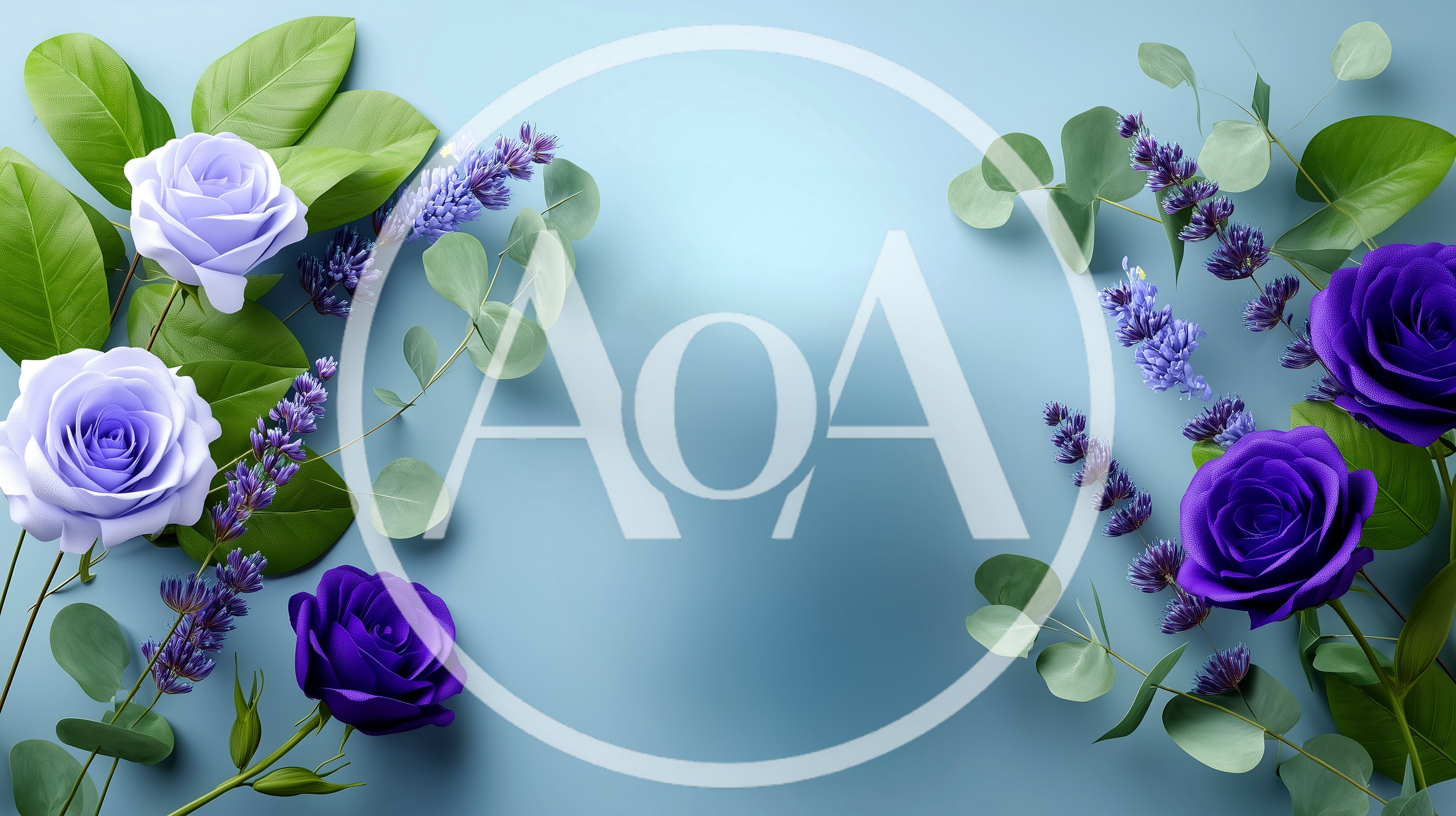 Purple Roses and Lavender Sprigs on Blue Background