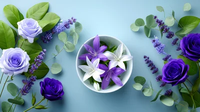Top View Of Purple Roses And Lilies In Bowl