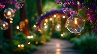 Hanging Glass Globe Lights In A Magical Garden