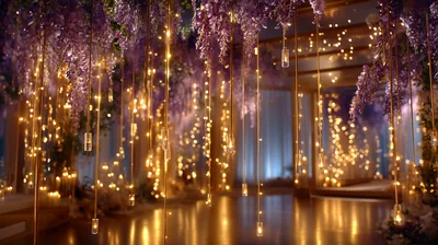 Elegant Wedding Venue Decorated With Hanging Wisteria And Lights