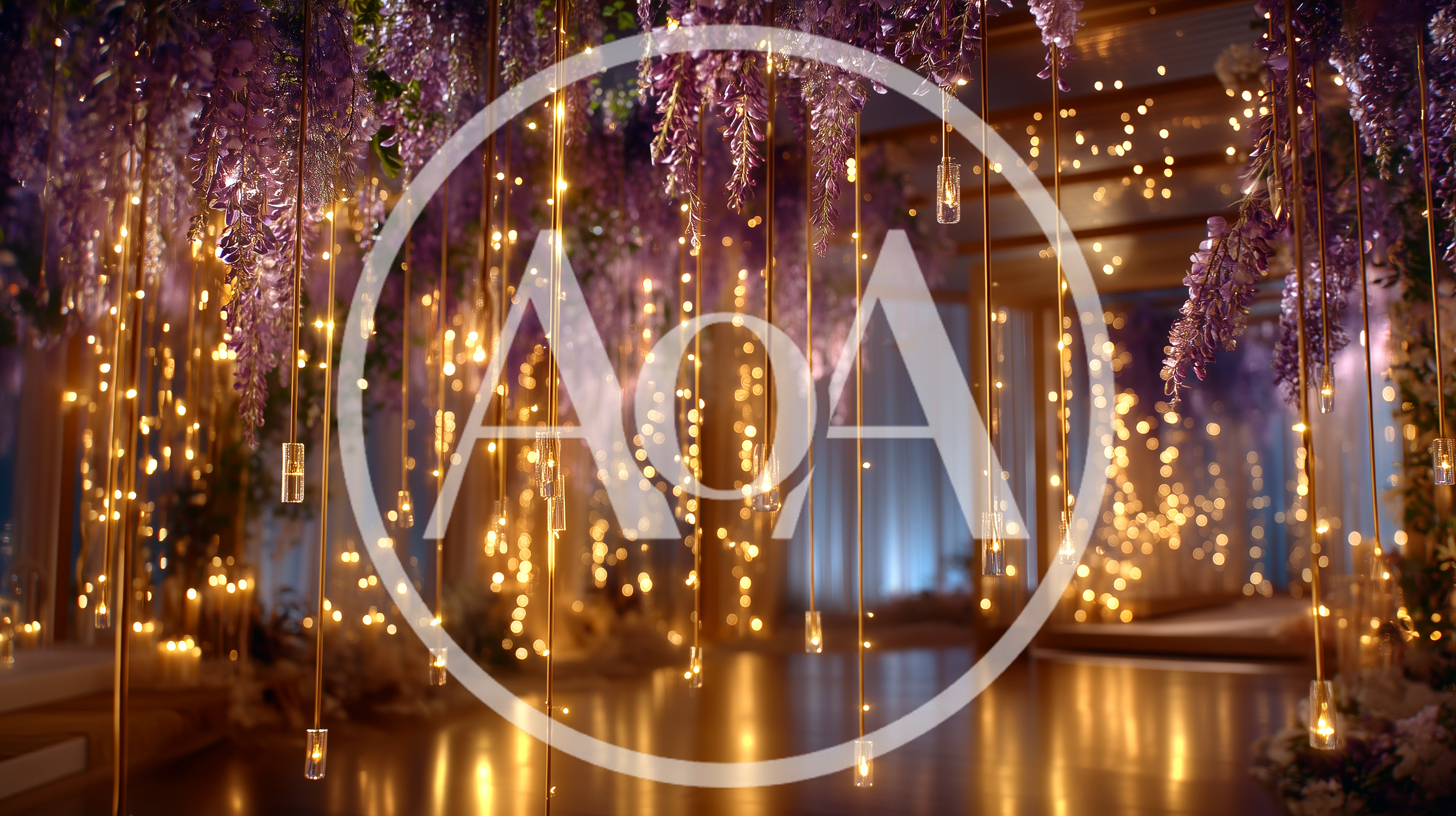 Elegant Wedding Venue Decorated With Hanging Wisteria And Lights
