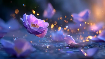Floating Purple Flower Petals With Golden Bokeh Particles