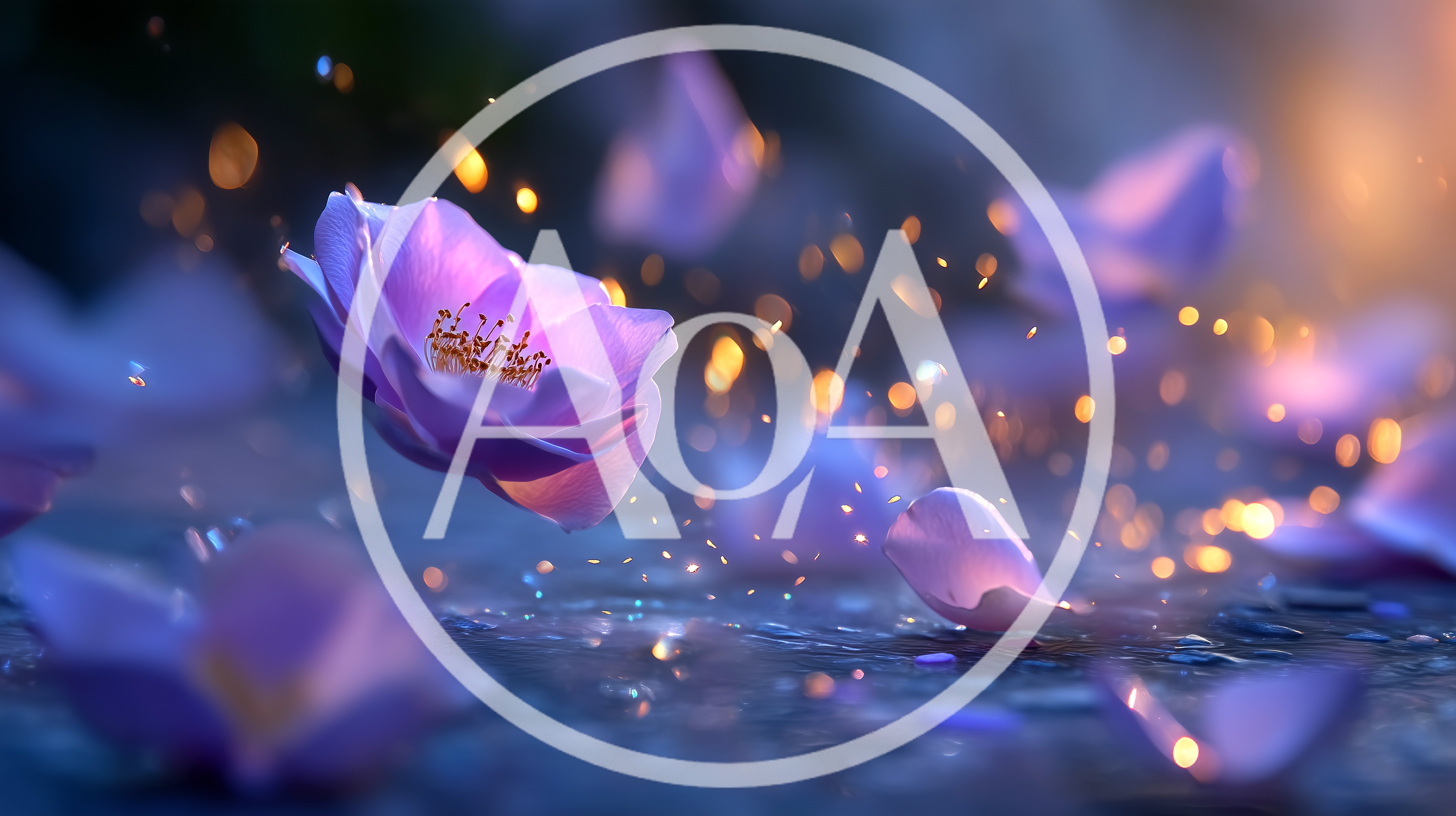 Floating Purple Flower Petals With Golden Bokeh Particles