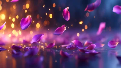 Falling Purple Rose Petals With Golden Bokeh Lights