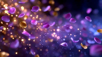 Floating Purple Petals With Golden Bokeh Particles