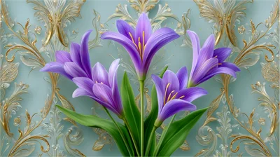 Purple Lily Flowers Against Ornate Damask Wallpaper