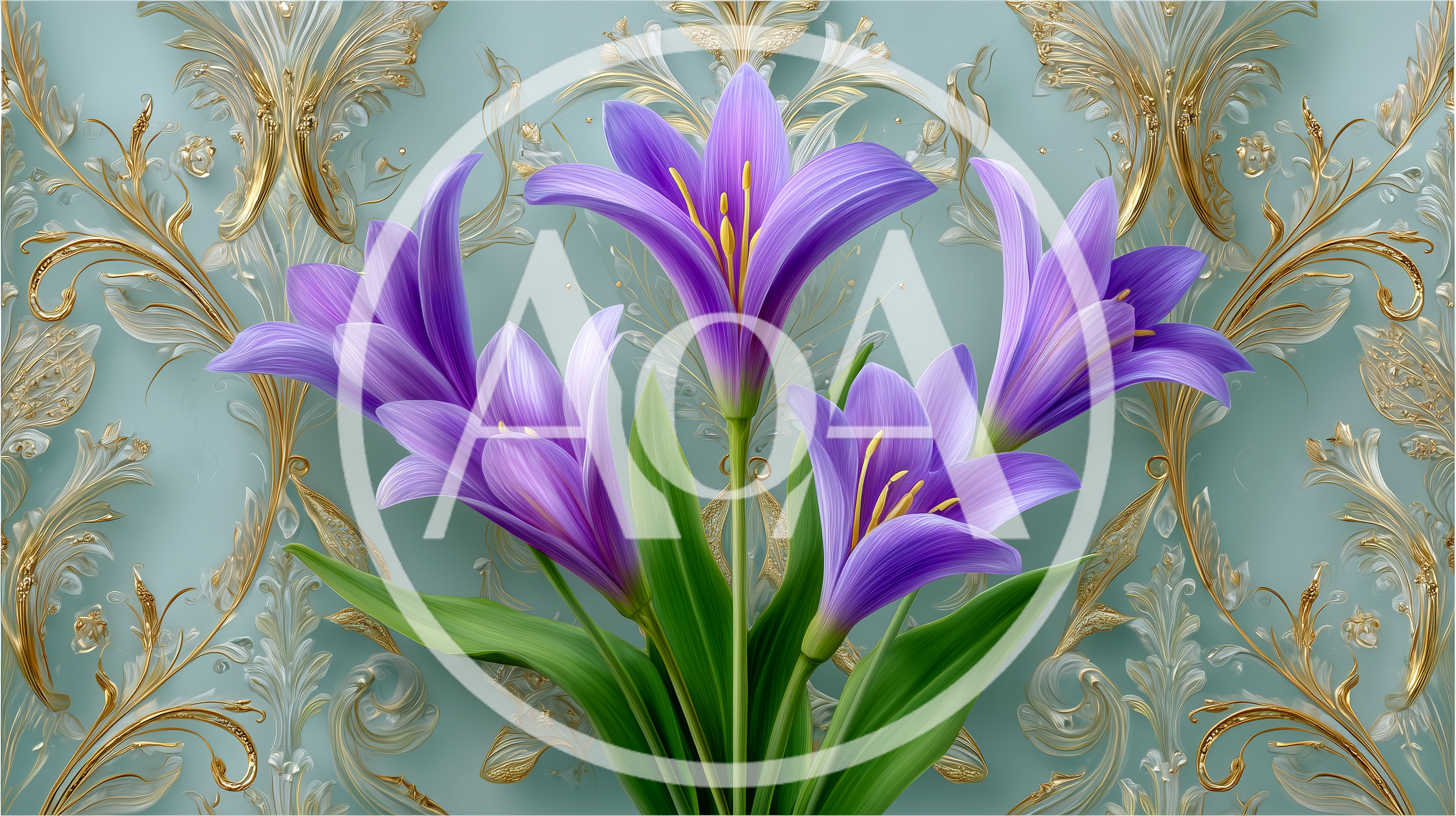 Purple Lily Flowers Against Ornate Damask Wallpaper