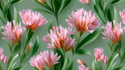 Seamless Pattern Of Pink Flowers On Green Background