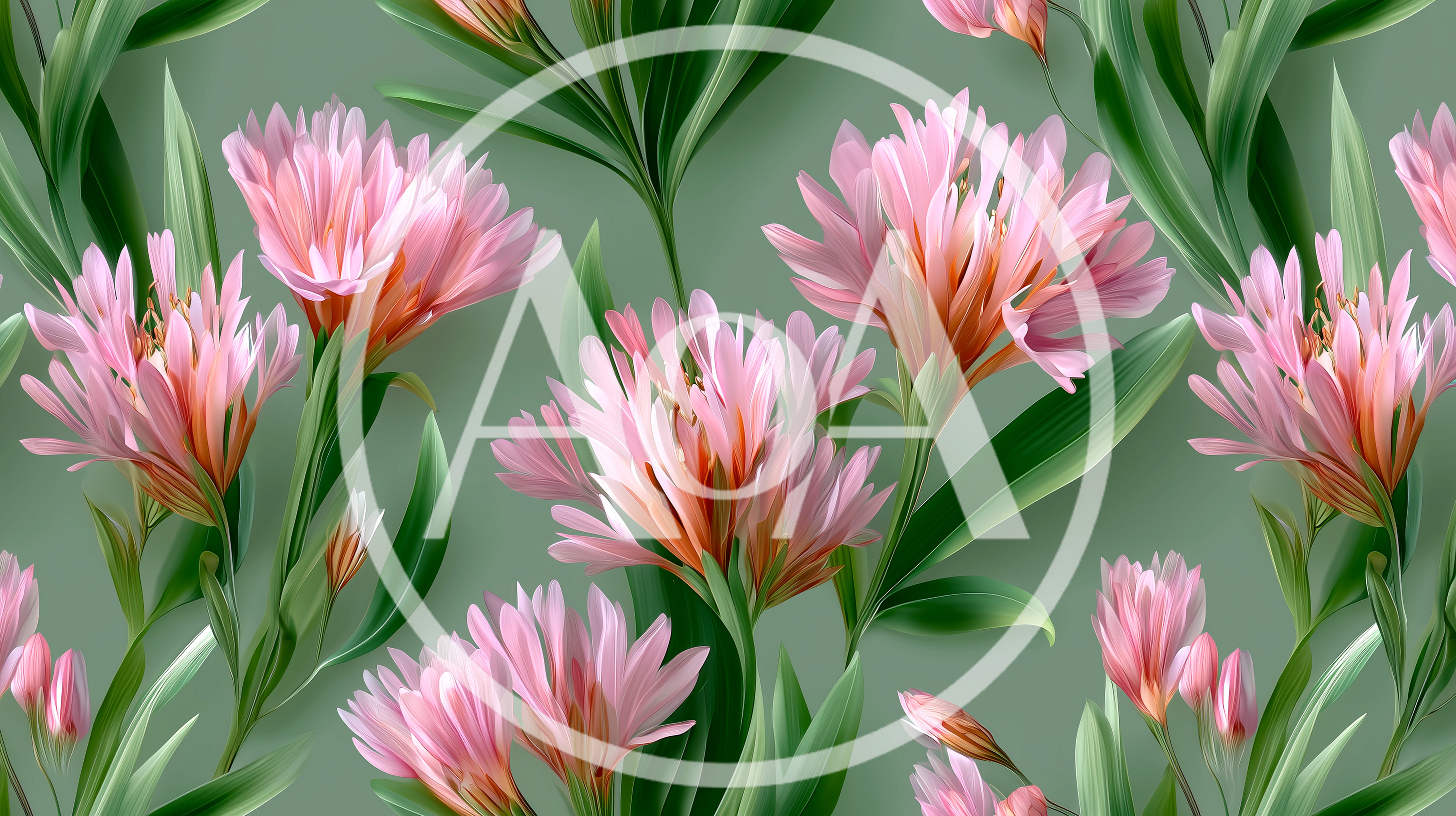 Seamless Pattern Of Pink Flowers On Green Background