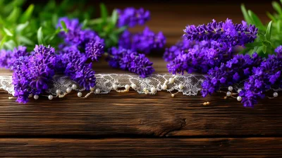 Lavender Sprigs With Lace And Pearls On Wood