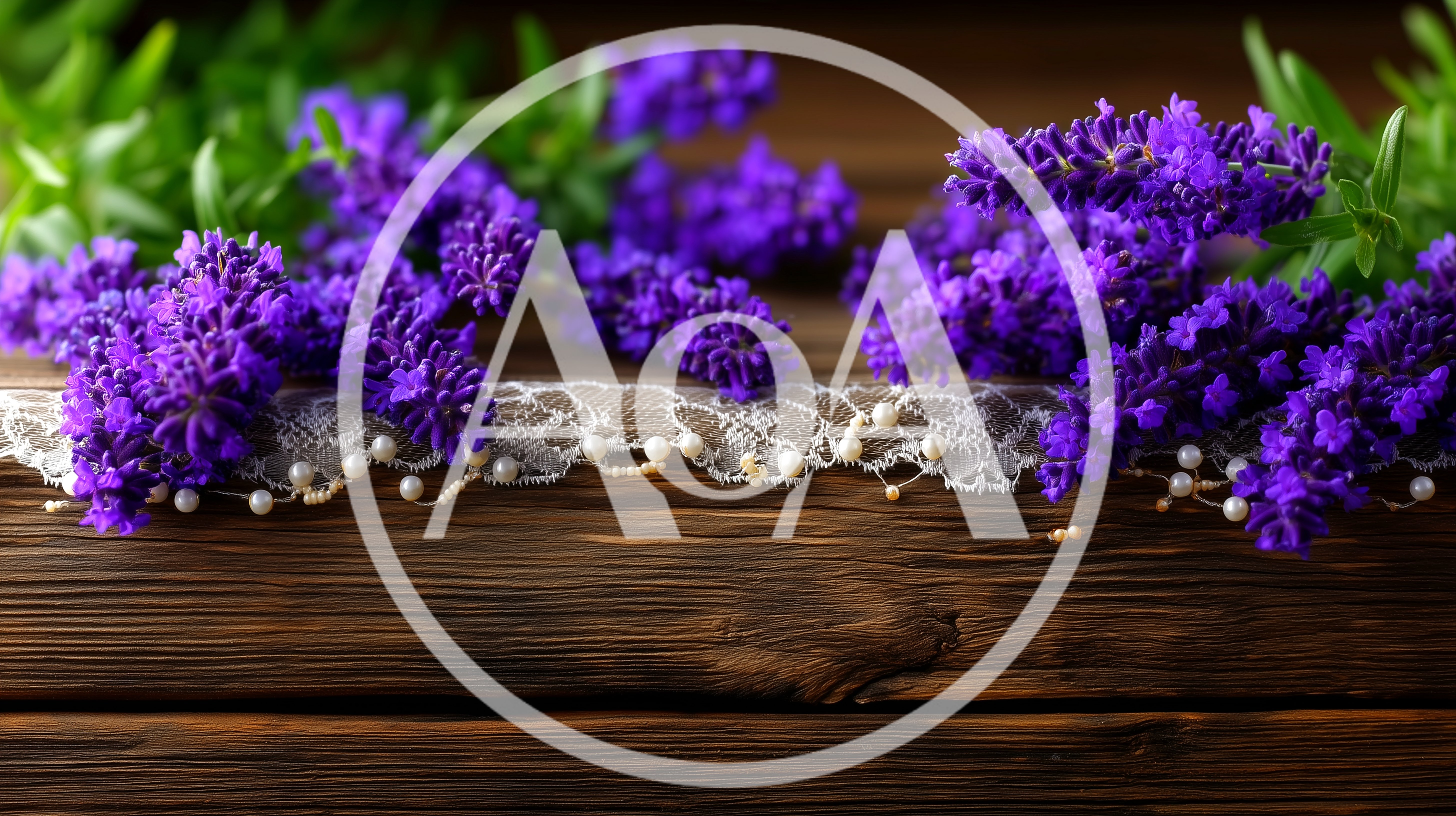 Lavender Sprigs With Lace And Pearls On Wood