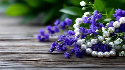 Pearl Necklace Resting On Purple Flowers
