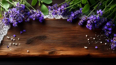 Lavender Sprigs On Rustic Wooden Background With Lace