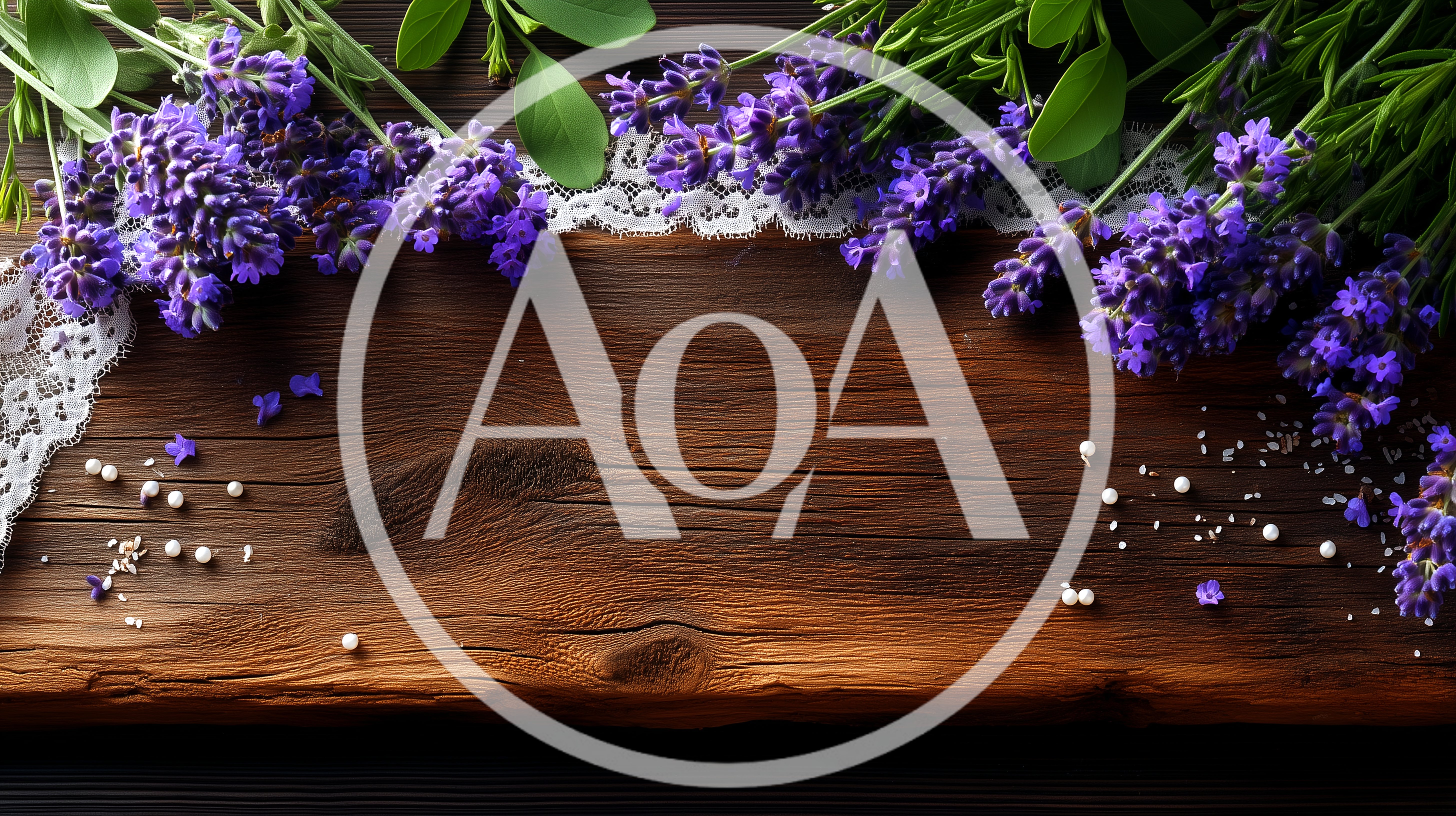 Lavender Sprigs On Rustic Wooden Background With Lace