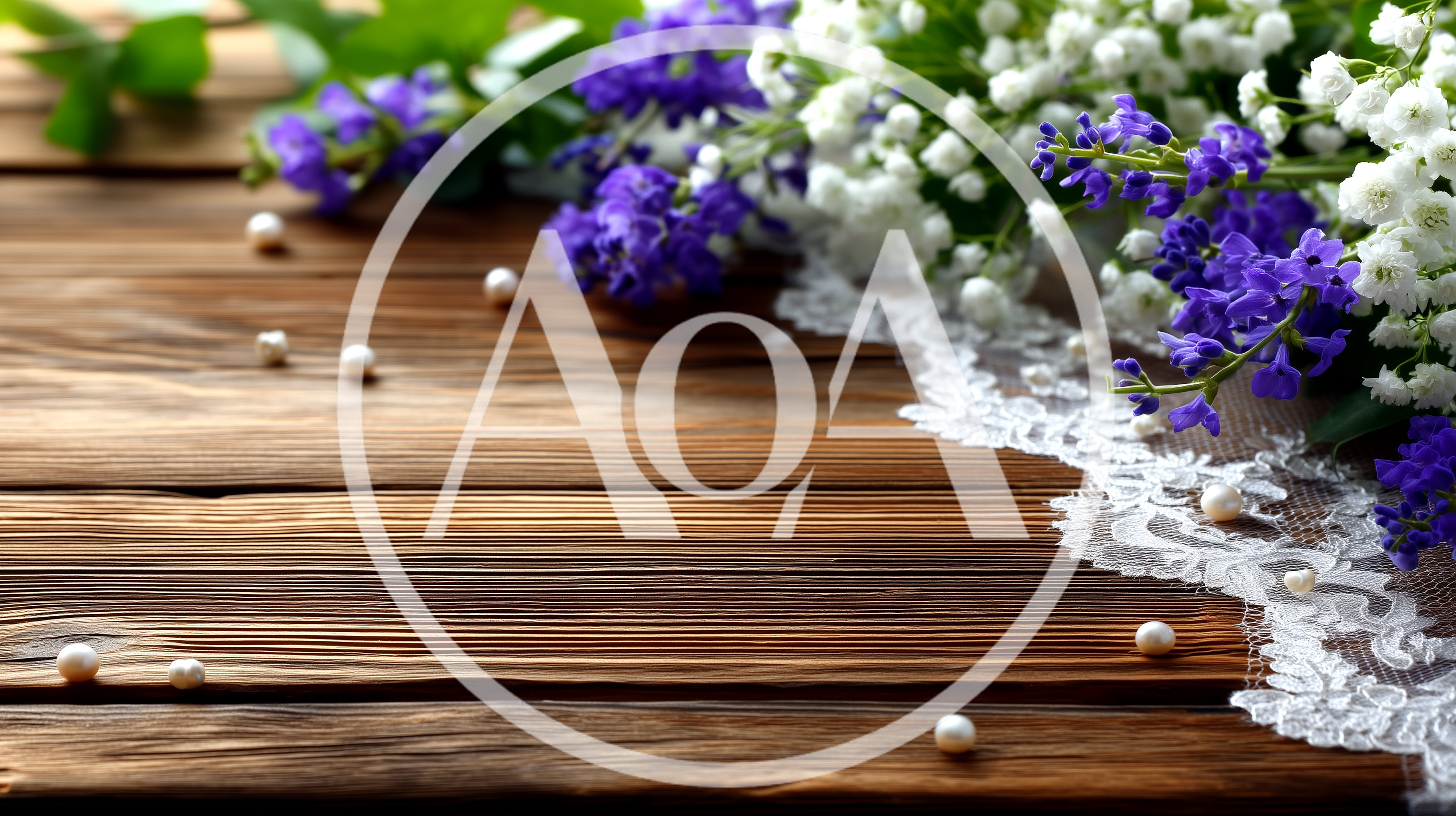 Purple Flowers And White Lace On Rustic Wooden Background
