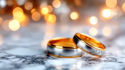 Two Wedding Rings Resting On A Marble Surface