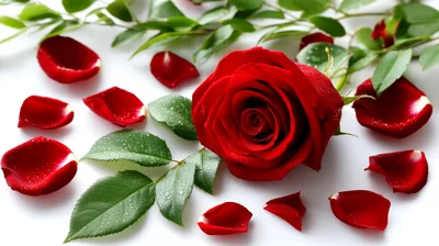 Single Red Rose With Scattered Petals And Green Leaves