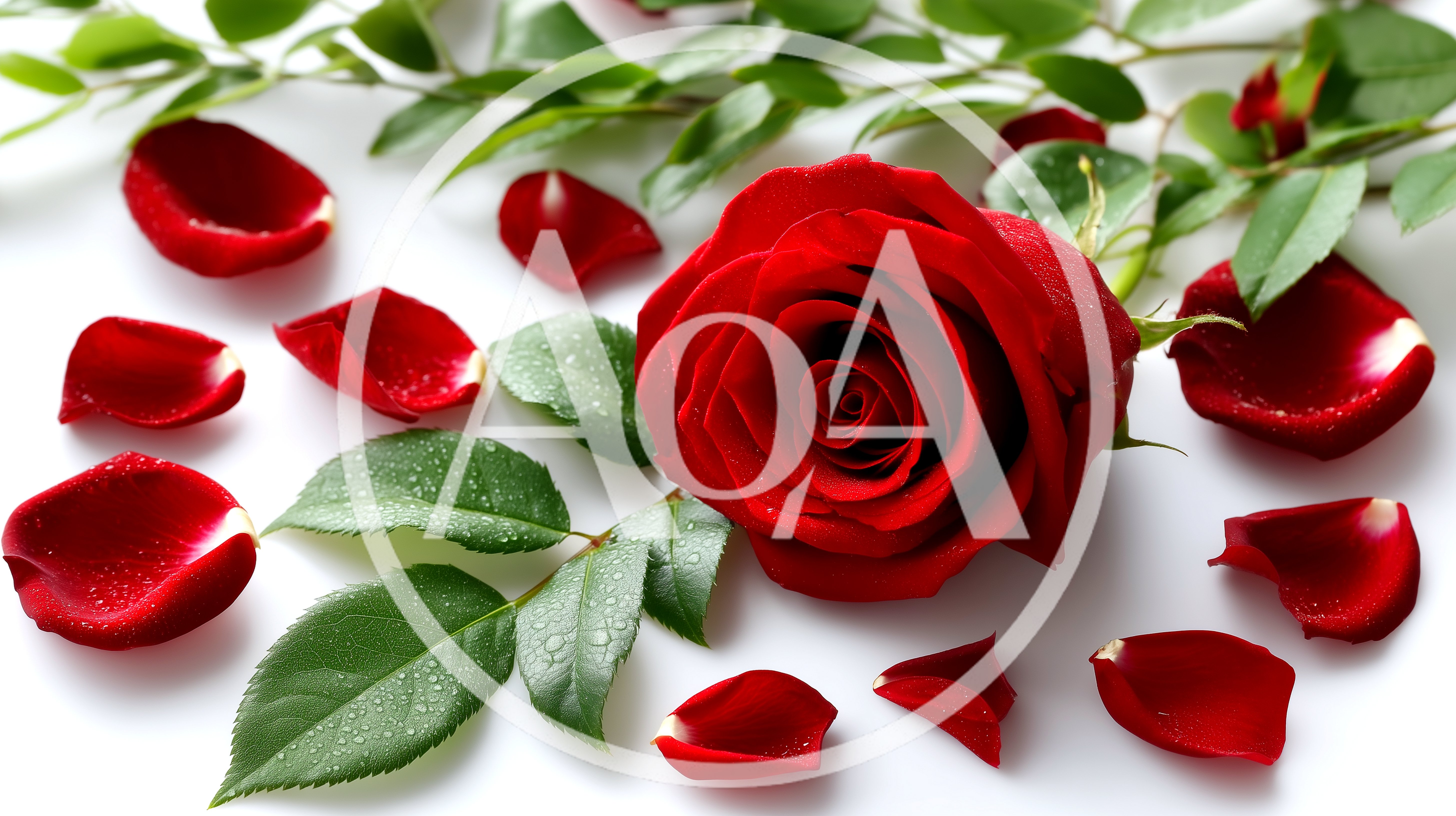 Single Red Rose With Scattered Petals And Green Leaves