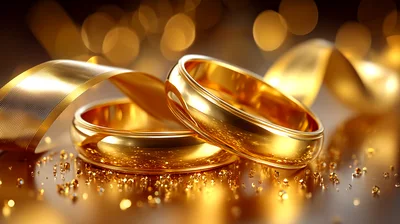 Two Golden Wedding Rings With Decorative Ribbon