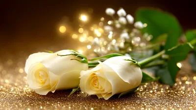 Two Elegant White Roses On A Sparkling Gold Background