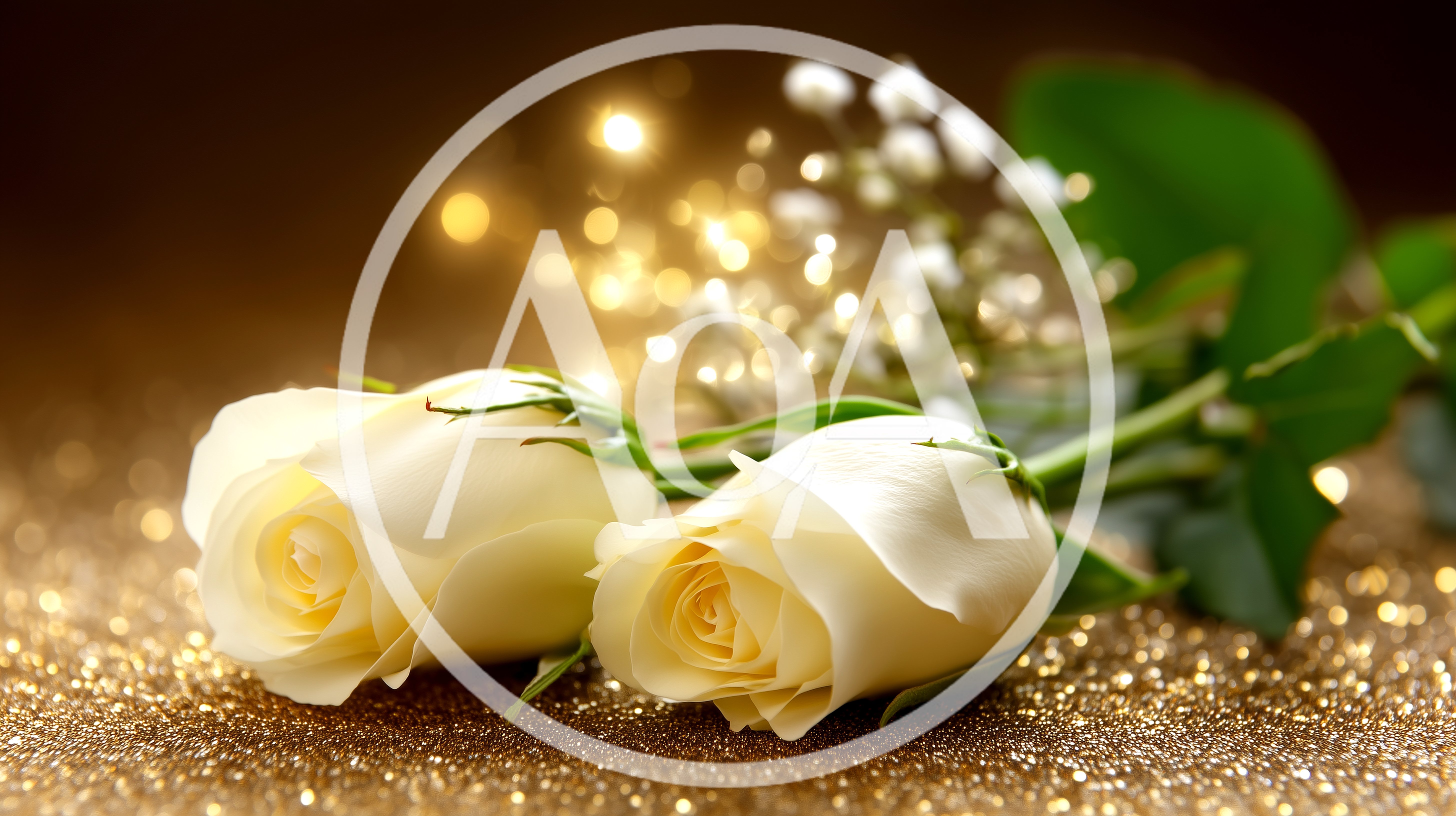 Two Elegant White Roses On A Sparkling Gold Background