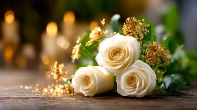 Three Elegant White Roses With Gold Glitter Accents
