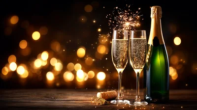 Champagne Bottle And Two Flutes With Sparkler