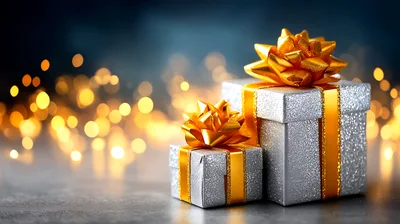 Two Silver Gift Boxes With Gold Ribbons