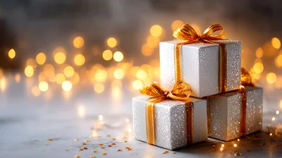 Three White Gift Boxes With Gold Ribbons