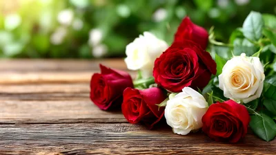 Bouquet Of Red And White Roses On Wooden Table