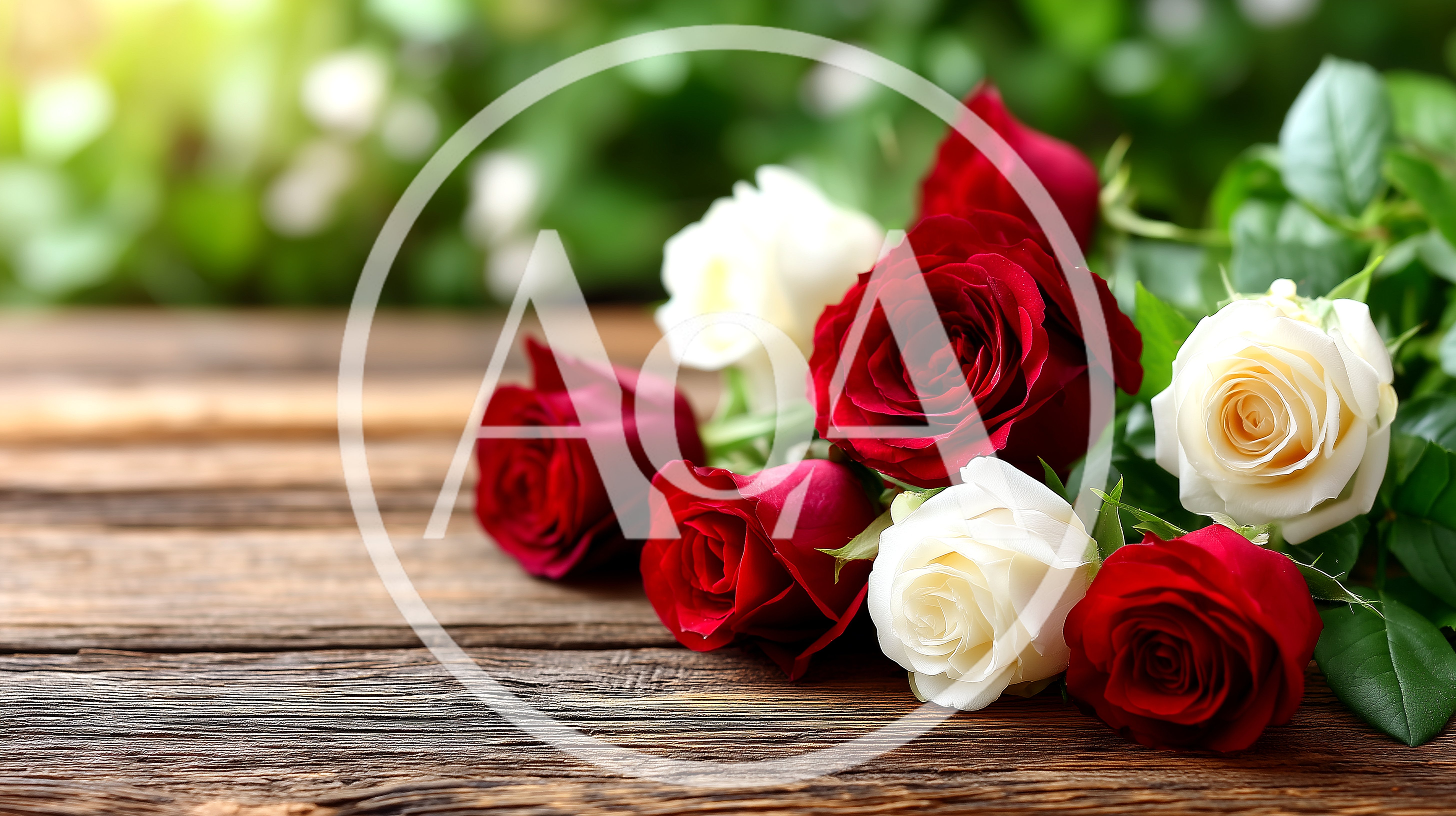 Bouquet Of Red And White Roses On Wooden Table