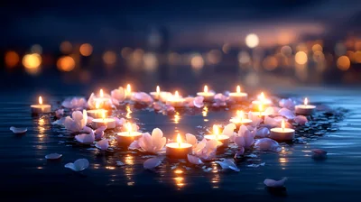 Floating Tea Light Candles And Petals In Heart Shape